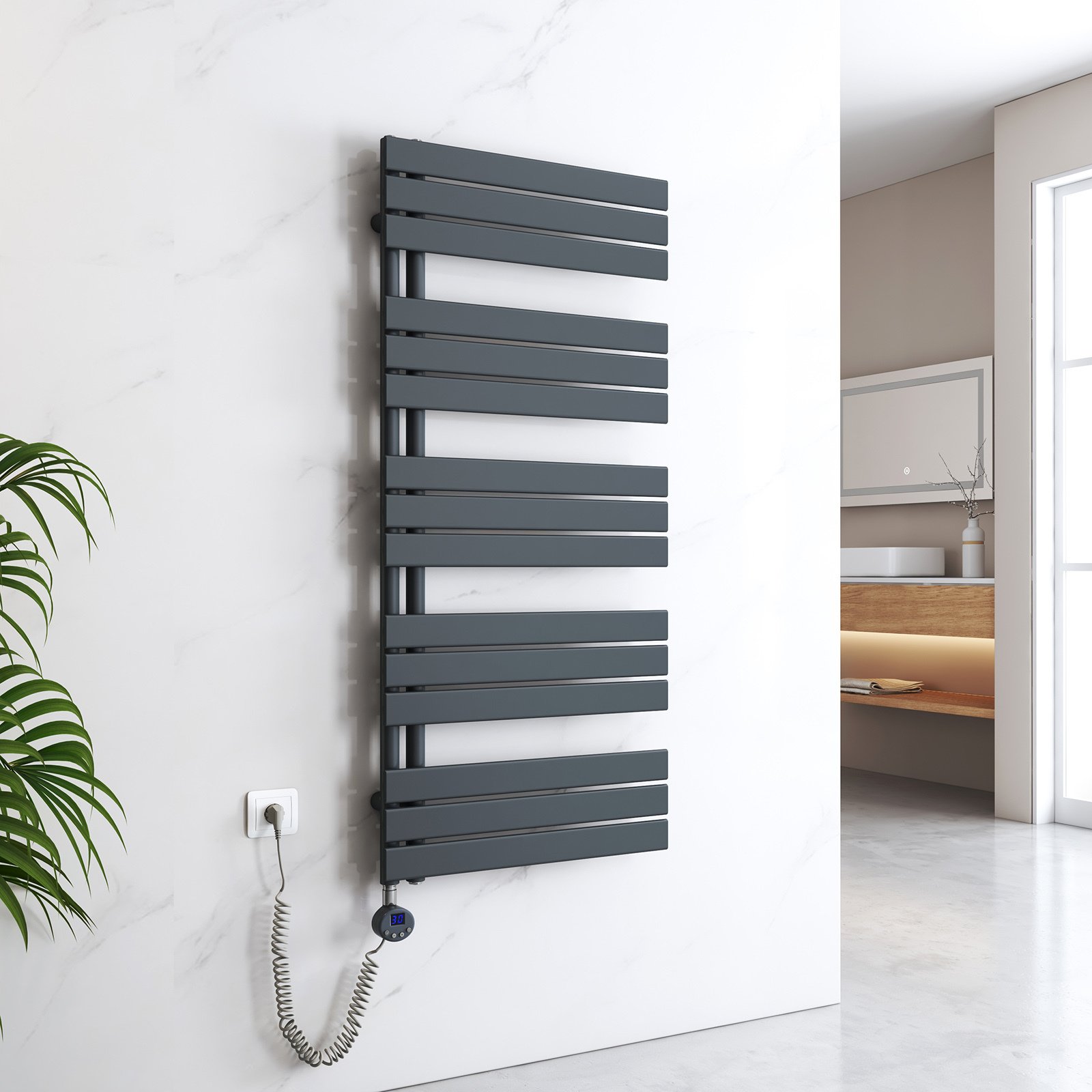 Elektryczna suszarka do ręczników EMKE Asymetryczny, elektryczny grzejnik łazienkowy, z termostatem i wyłącznikiem czasowym, 1320 x 600 mm, antracyt, grzałka 800 W