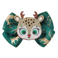 Ozdoby do włosów - Spinka do Włosów Zielona z Kokardą Świąteczna z Reniferem na Prezent Święta - miniaturka - grafika 1