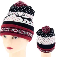 Czapki damskie - ZIMOWA CZAPKA Z POMPONEM DIODY LED ŚWIECĄCA BORDOWO BIAŁA - miniaturka - grafika 1
