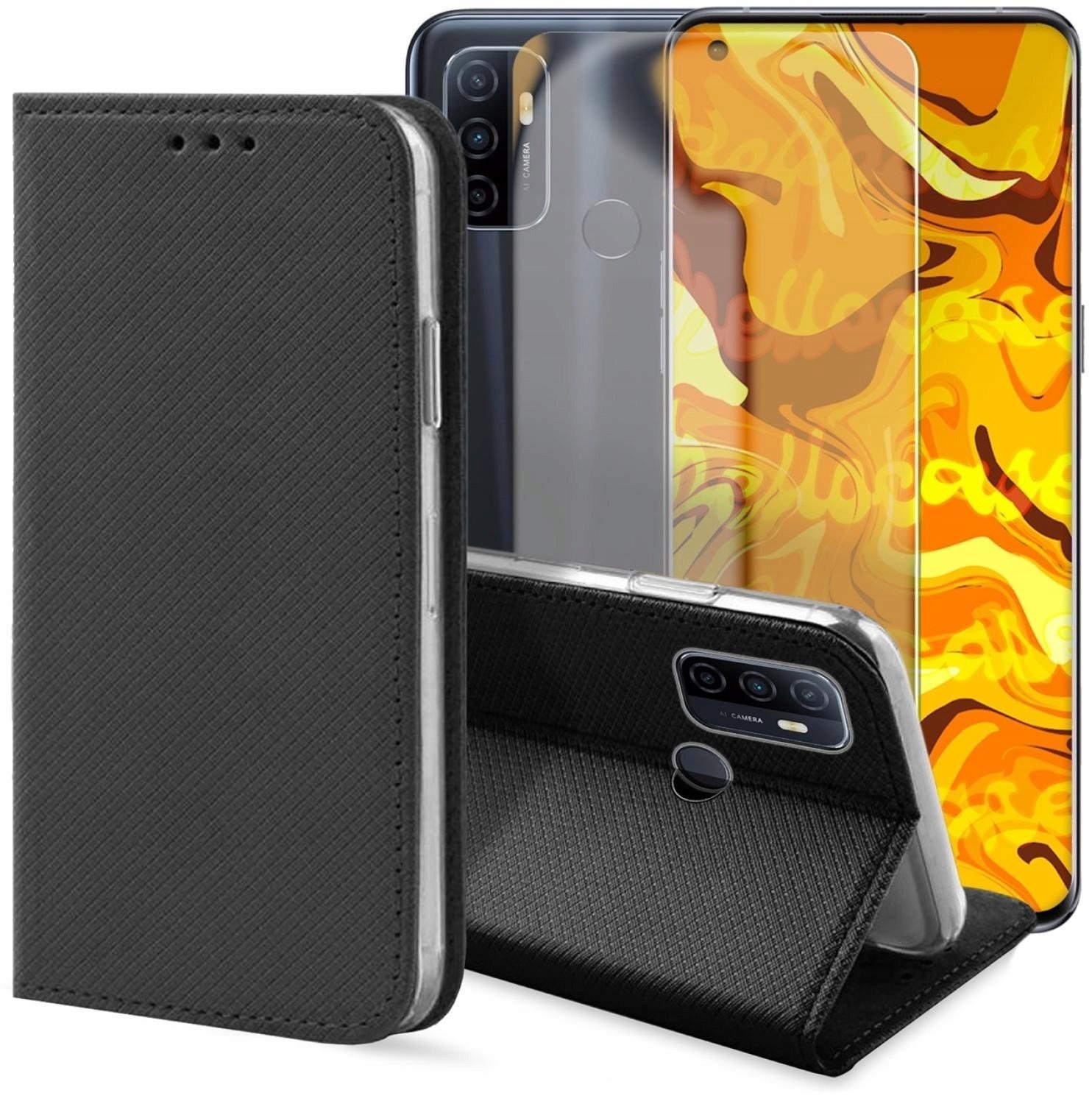 Hello Case Etui z Klapką Do Oppo A53s / A53 2020 Czarne, Zamykane, Kabura Szkło BNDL0597