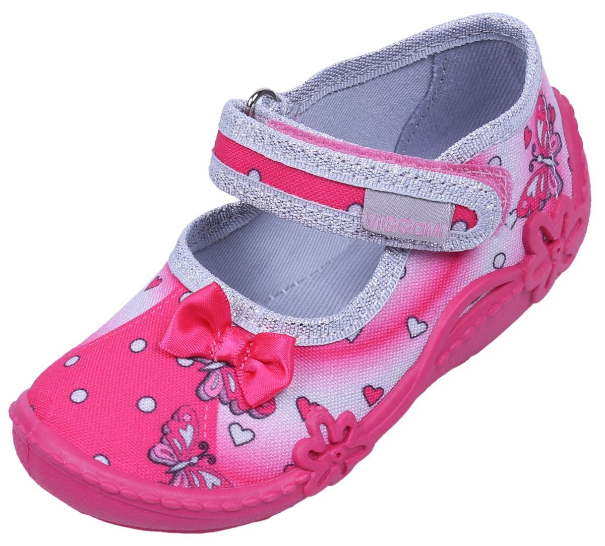 Różowo-srebrne buciki, kapcie w serduszka/motylki, na rzep ALA DRUK 18 EU