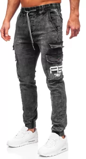 Spodnie męskie - Czarne spodnie jeansowe joggery bojówki męskie Denley TF112 - grafika 1