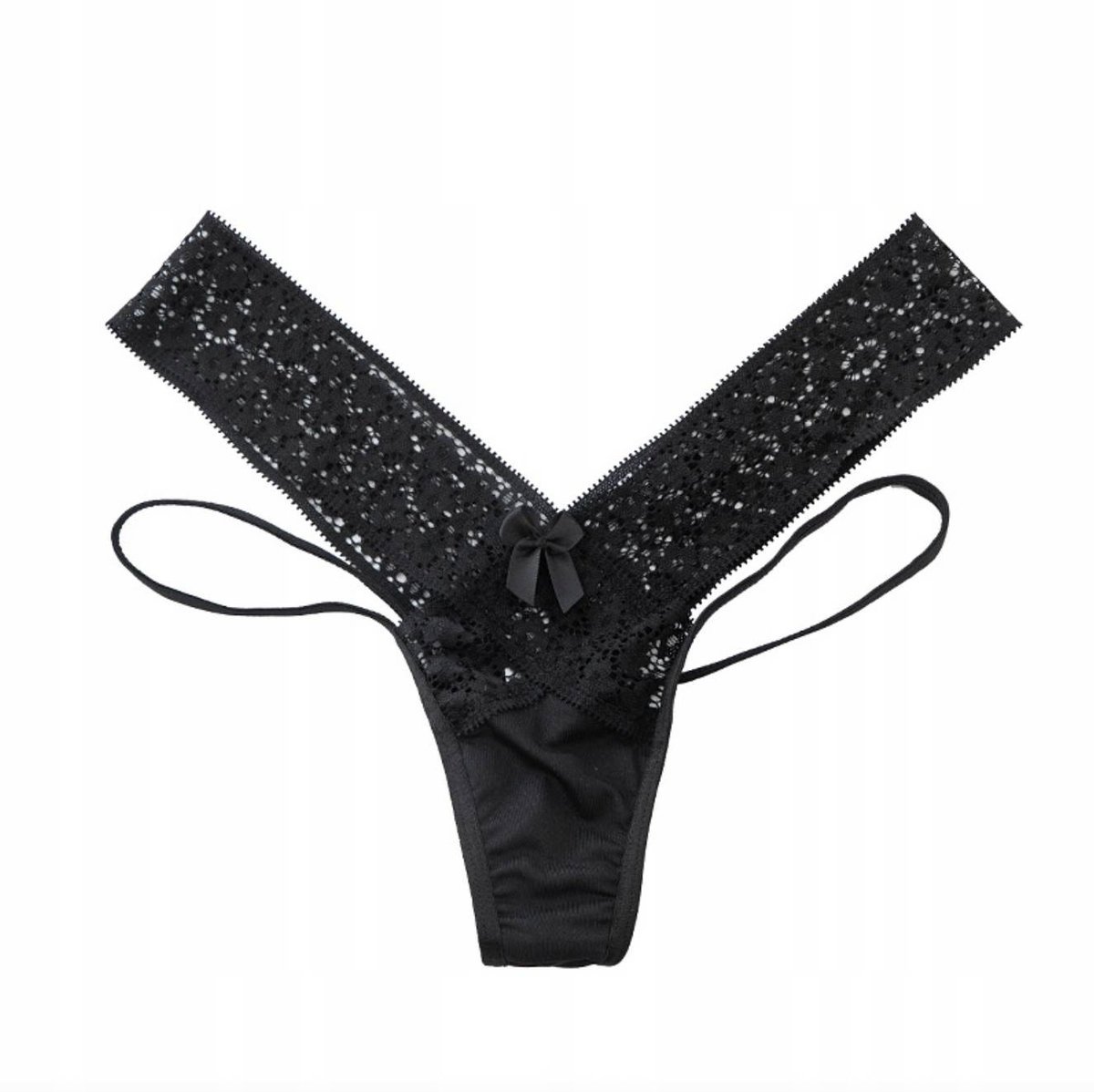 Stringi damskie czarne paseczki majtki z koronką - L