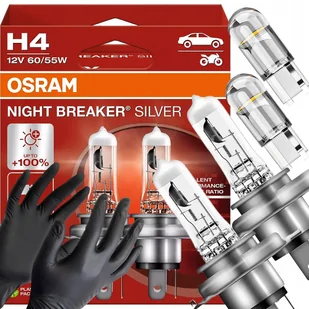 Żarówki Osram H4 Night Breaker Silver +100% W5W Led Clear Rękawiczki - Żarówki samochodowe - miniaturka - grafika 1