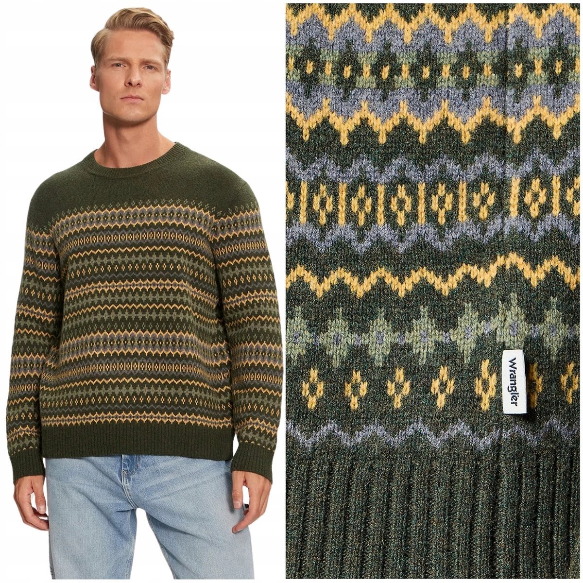 Wrangler FAIRISLE SWEATER Verdant Green wełniany ciepły męski sweter S
