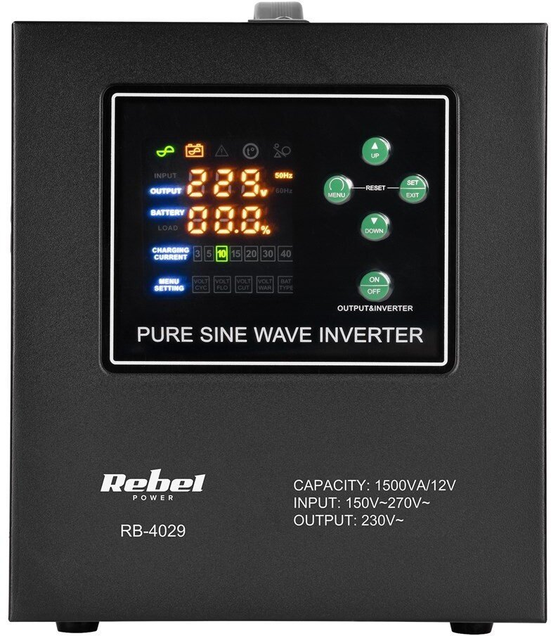 UPS Rebel Zasilacz awaryjny Rebel POWER-1500-LFP4 - przetwornica z czystym przebiegiem sinusoidalnym i funkcją ładowania 12V 230V 1500VA/1050W RB-4029