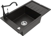 Zlewozmywaki z baterią - Mexen Elias zlewozmywak granitowy 1-komorowy z ociekaczem i baterią kuchenną Carla, czarny/złoty metalik - 6511-75-670700-70 - miniaturka - grafika 1