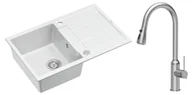 Zlewozmywaki z baterią - Quadron Unique Zlewozmywak granitowy jednokomorowy 78*50*22 cm z ociekaczem MORGAN 111 SNOW WHITE z syfonem Push-2-Open w kolorze stalowym z baterią JESSICA Q LINE z wyciąganą wylewką i funkcją prysznica kolor stal szczotkowana - miniaturka - grafika 1