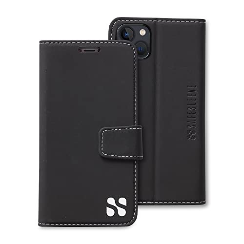 SafeSleeve EMF ochrona przed promieniowaniem iPhone 15, blokada RFID EMF, portfel na karty, wegańska skóra, regulowany stojak, etui na telefon komórkowy, dla kobiet i mężczyzn (czarne)