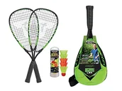 Badminton - Talbot Torro Zestaw do badmintona Speed 5500, 2 aluminiowe rakiety 56,5 cm, 5 falbanek z diodami LED do zabawy w ciemności, w modnym plecaku, limonkowo-czarny, 490118 - miniaturka - grafika 1