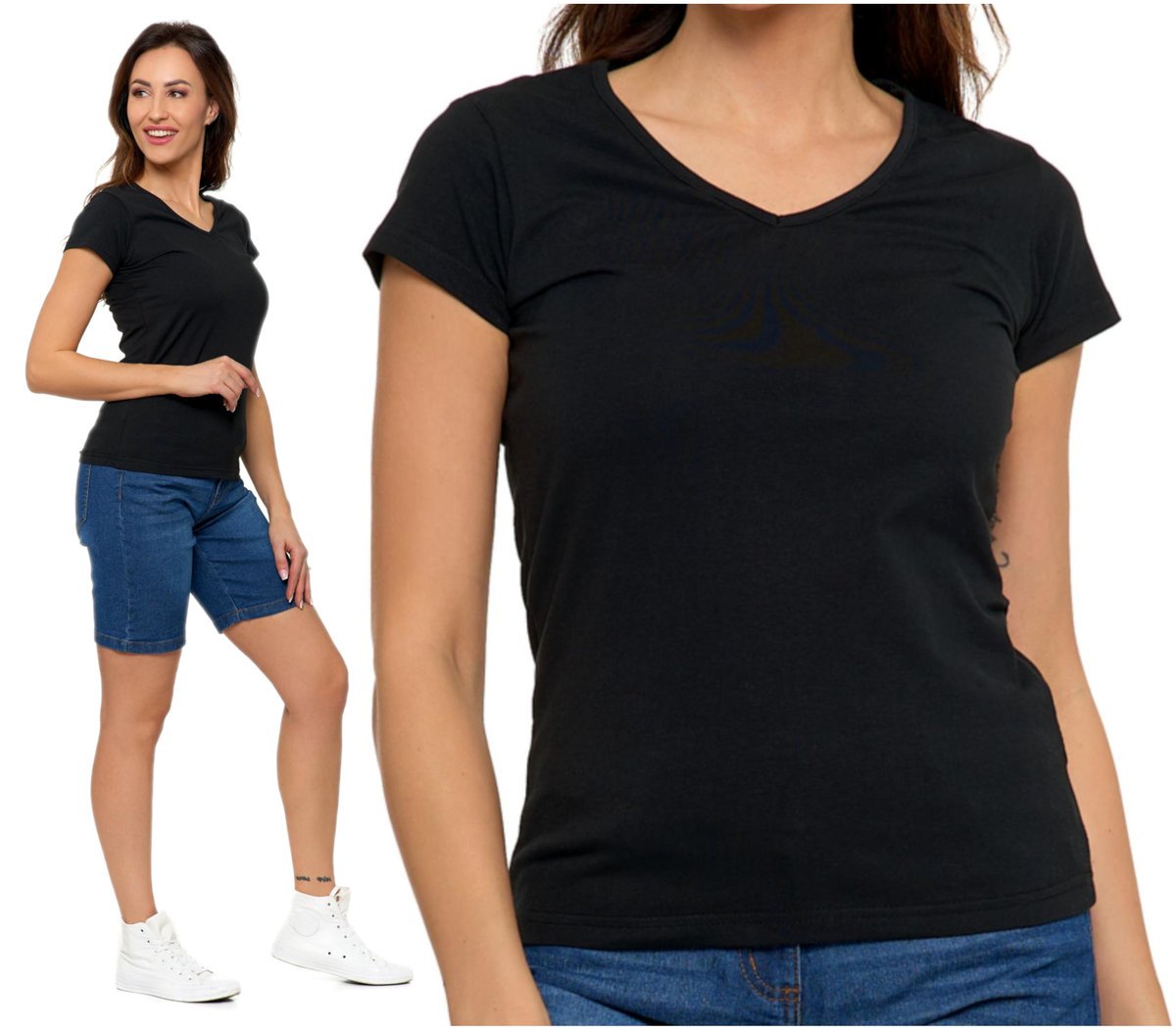 Gładki T-SHIRT DAMSKI Klasyczny z Dekolt V Koszulka Krótki Rękaw MORAJ XXL