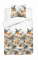 Pościel - Pościel satynowa 140x200 Biała w pomarańczowe kwiaty i palmy – styl tropikalny, 100% bawełna - Home Satin - miniaturka - grafika 1