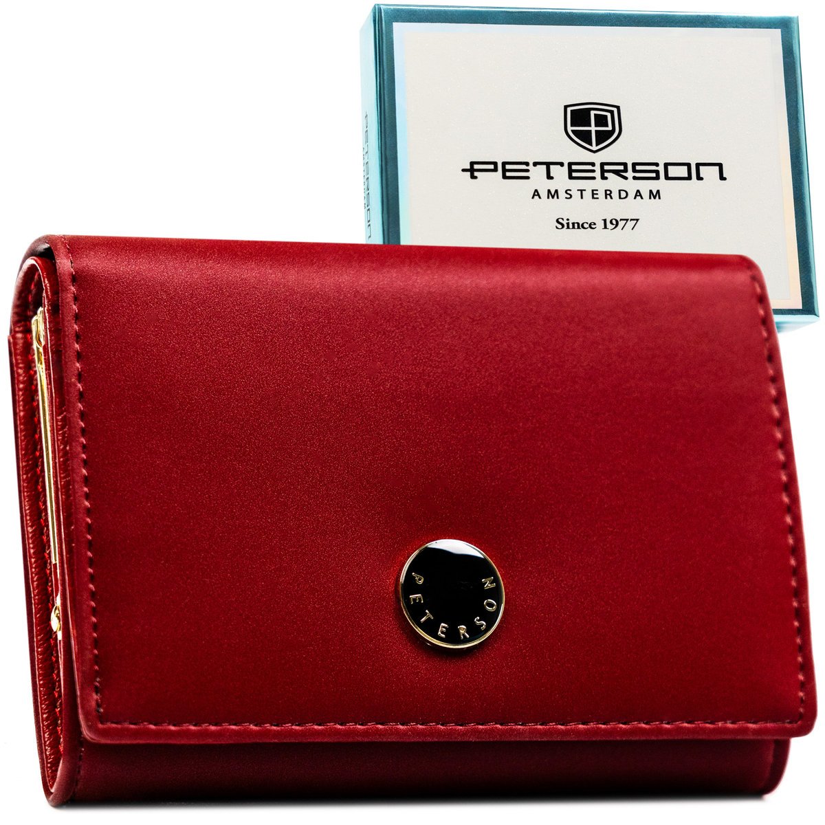 PETERSON Czerwony mały portfelik damski ze skóry naturalnej i ekologicznej portfel poziomy klasyczny na zatrzask bilon na bigiel złote okucia elegan..