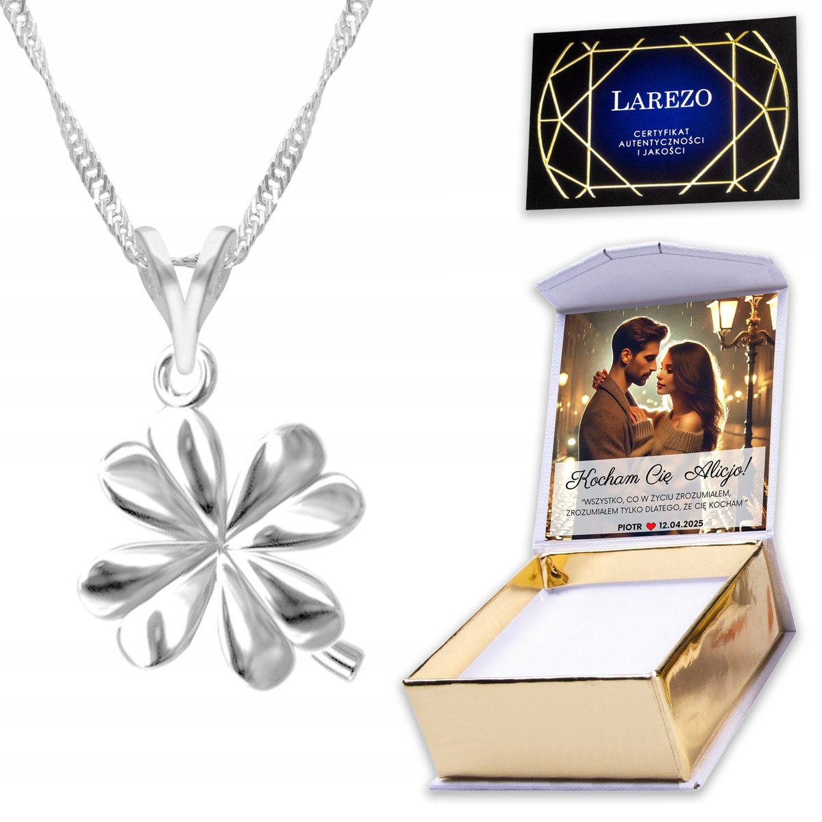 Naszyjnik Srebrny 925 Koniczyna Kwiatek Liść Szczęście Koniczynka + NADRUK