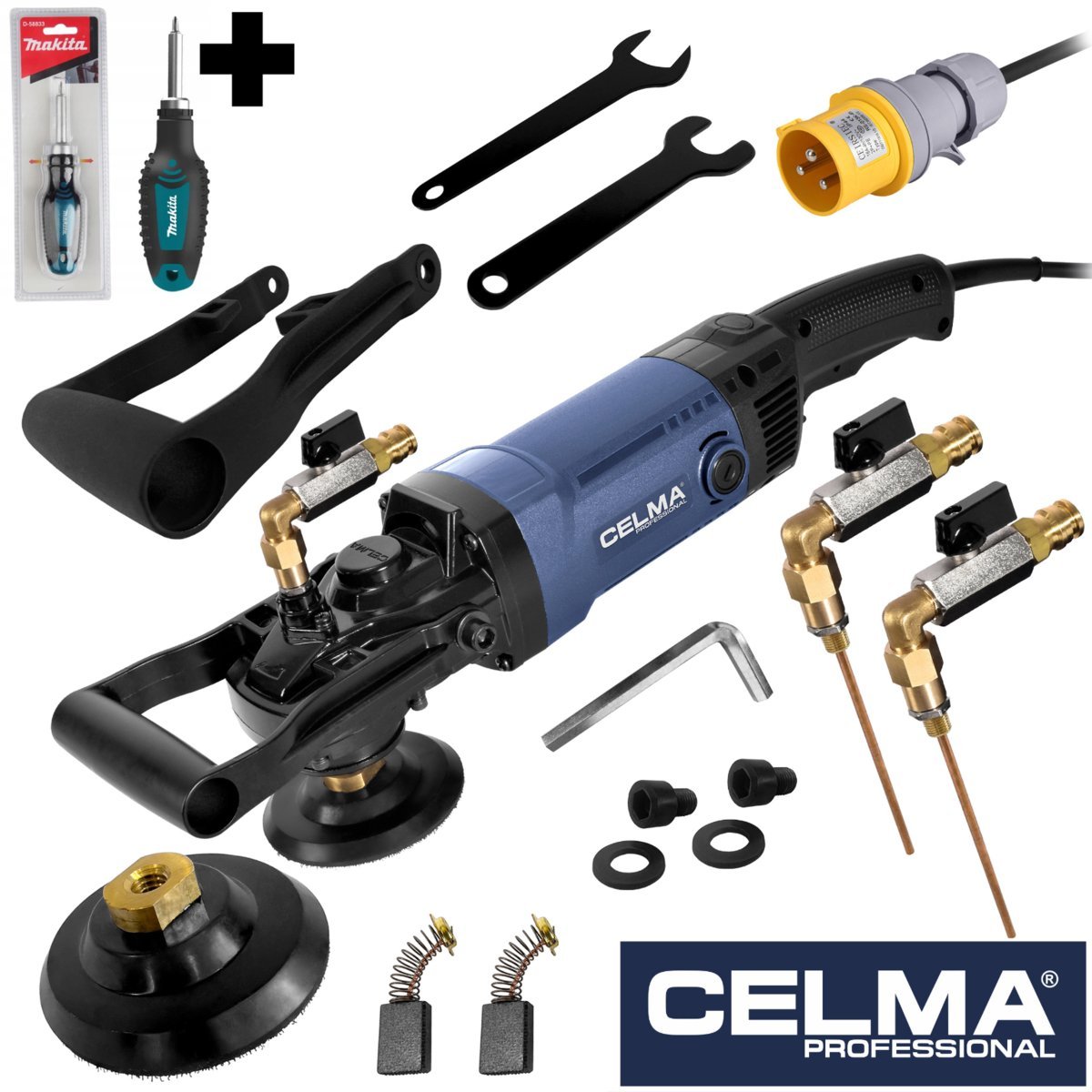 Zestaw Polerka do kamienia na mokro CELMA Professional PRAw 130D 1600W 110V 1750 obr + wkrętak MAKITA