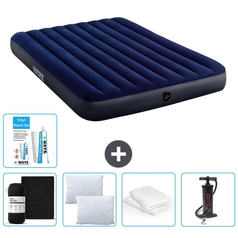 Dmuchane łóżko Intex - 2 osoby - 152 x 203 x 25 cm - niebieskie - w zestawie prześcieradło - buziak - pompka - zestaw naprawczy en ochraniacz na poduszkę