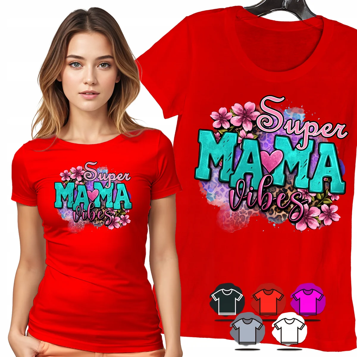 KOSZULKA DAMSKA T-SHIRT - SUPER MAMA VIBES KWIATY KOLOROWE DAMSKI WZÓR - L