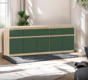 Komoda Do Sypialni 200cm 5 Szuflad Nowoczesna Dąb Sonoma Butelkowa Zieleń - Komody - miniaturka - grafika 1