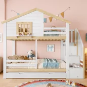 Łóżka dla dzieci i młodzieży - Łóżko piętrowe 90x200 cm - z barierkami - z łóżkiem wysuwanym - drabinką - biały + naturalny (materac nie jest wliczony w cenę) - miniaturka - grafika 1