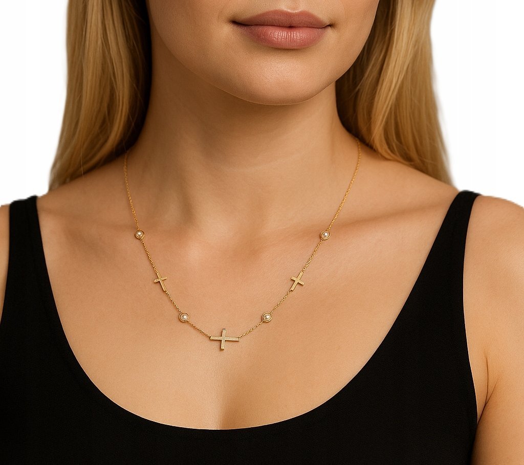 Naszyjnik Krzyż Krzyżyk Cyrkonie Celebrytka STAL CHIRURGICZNA POZŁACANA 18K