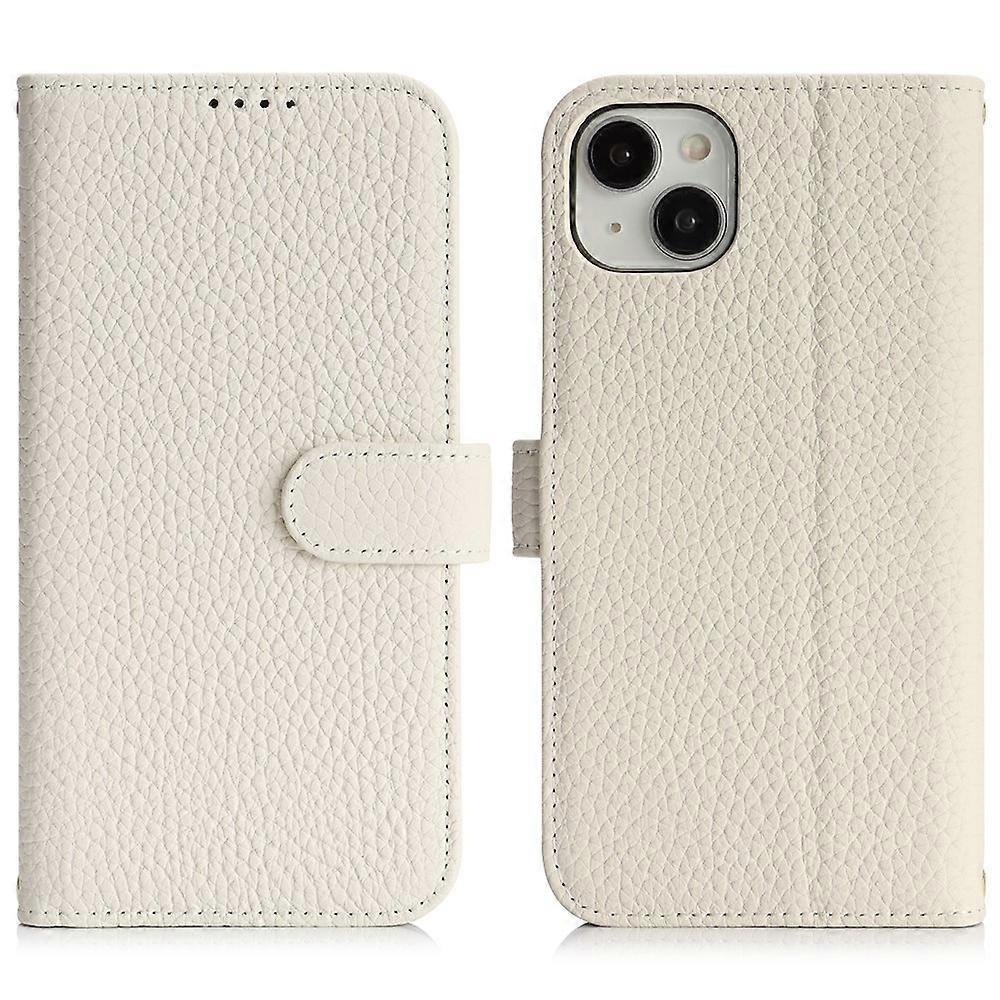 Kompatybilny z iPhone 14/13 Stand Case Litchi Texture Prawdziwy portfel ze skóry bydlęcej Pokrowiec na telefon RFID Biały