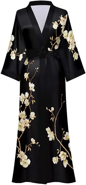 SZLAFROK DŁUGI SATYNOWY KIMONO KWIATY JEDWABNY LUŹNY PORANNY
