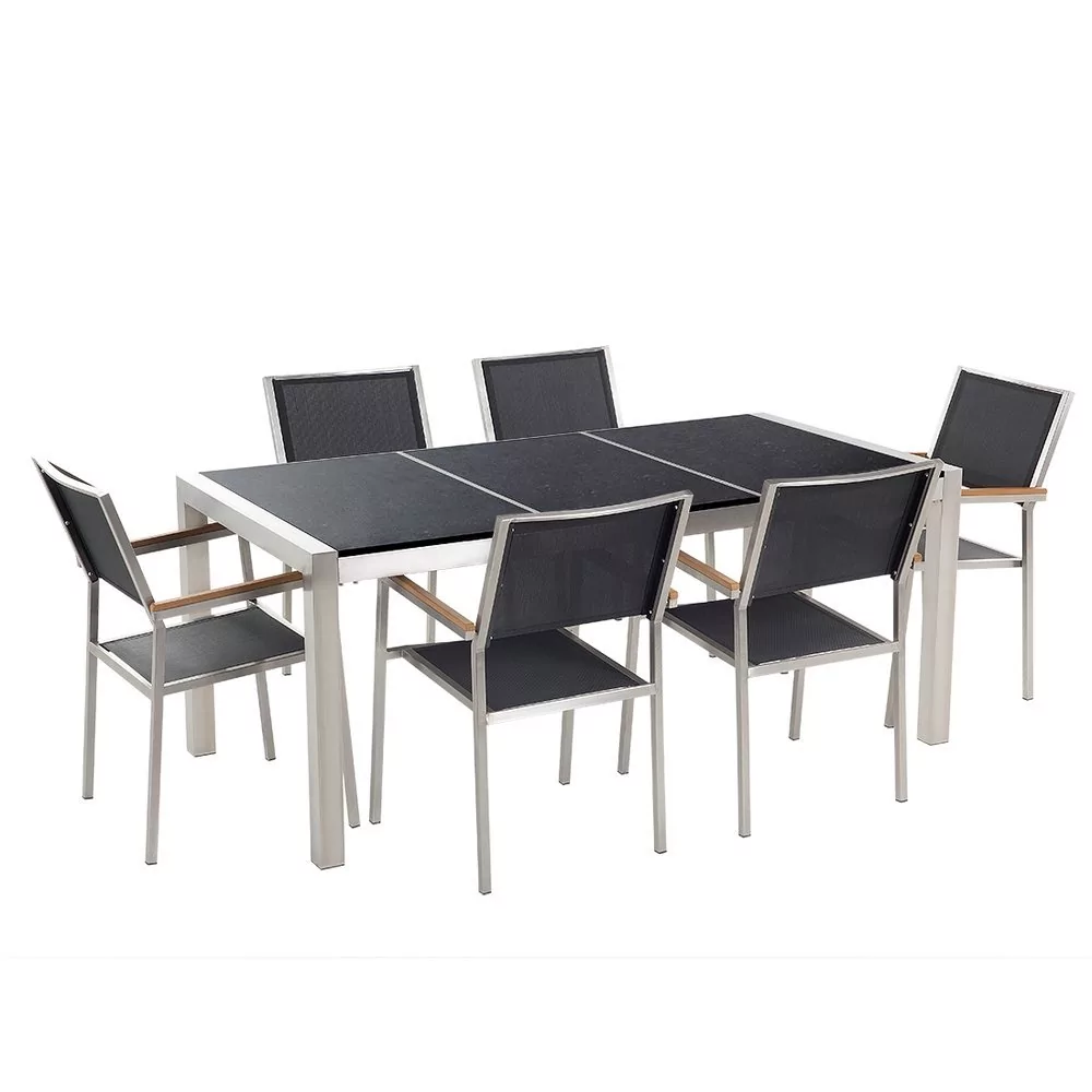 Beliani Stół granitowy czarny polerowany 180 cm z 6 czarnymi krzesłami - GROSS