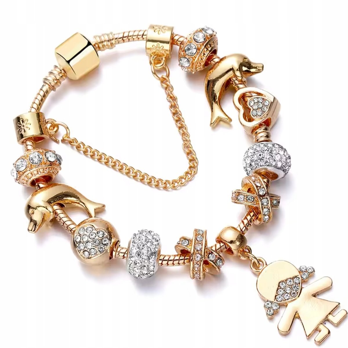 Złota Bransoletka Charms Beads Delfiny Serce Nieskończoność Cyrkonie Kwiaty