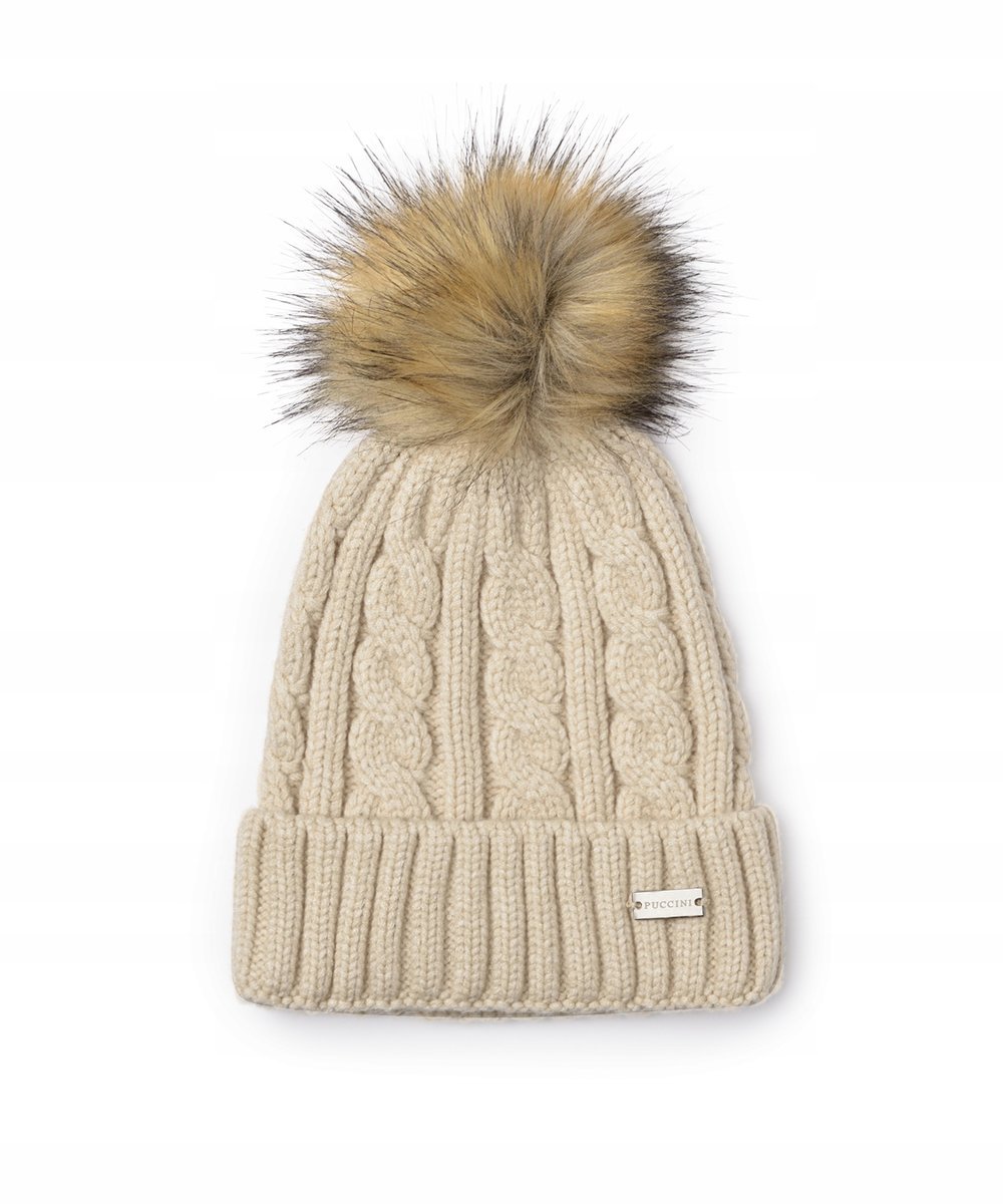 Czapka Zimowa Damska z Pomponem PUCCINI z Gęstym Splotem Beżowa CZ2412-6A