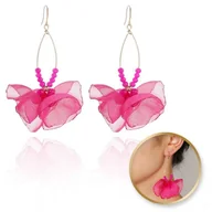 Kolczyki - Kolczyki Wiszące, Efektowne Tiulowe Z Koralikami Fuksja K1699 - miniaturka - grafika 1