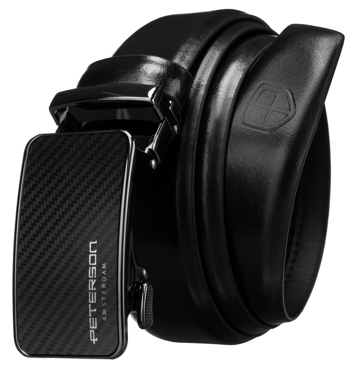 Elegancki pasek męski do spodni do garnituru ze skóry naturalnej klamra automatyczna rozmiar 125 Peterson, czarny