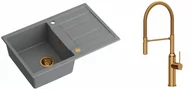 Zlewozmywaki z baterią - Quadron Zlewozmywak granitowy jednokomorowy 78*50*22 cm z ociekaczem MORGAN 111 SILVER STONE z miedzianym odpływem z baterią MARILYN Q LINE z ruchomą wylewką kolor miedziany - miniaturka - grafika 1