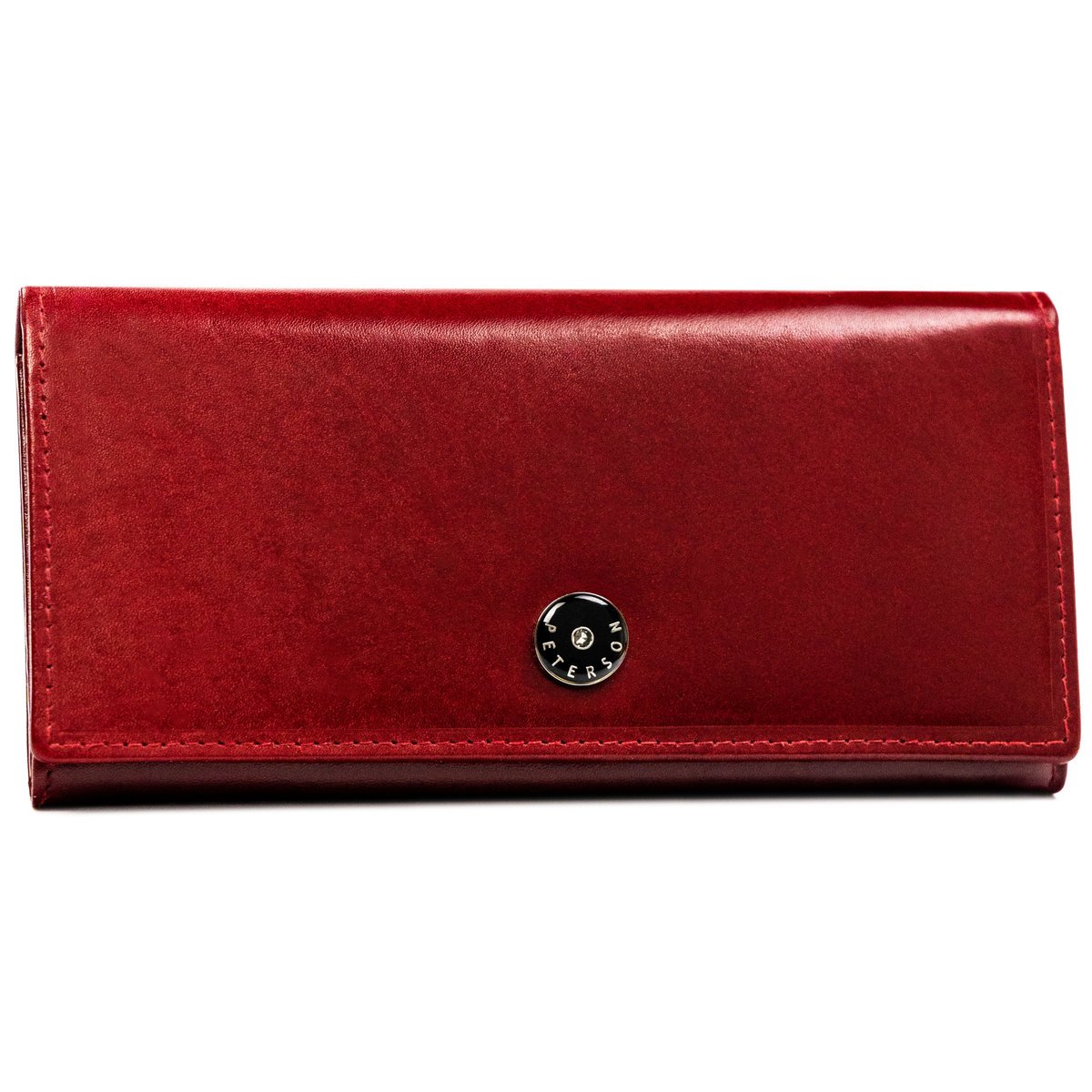 Skórzany czerwony portfel damski duży rozbudowany na karty dokumenty i gotówkę PETERSON elegancki klasyczny na prezent ochrona RFID STOP