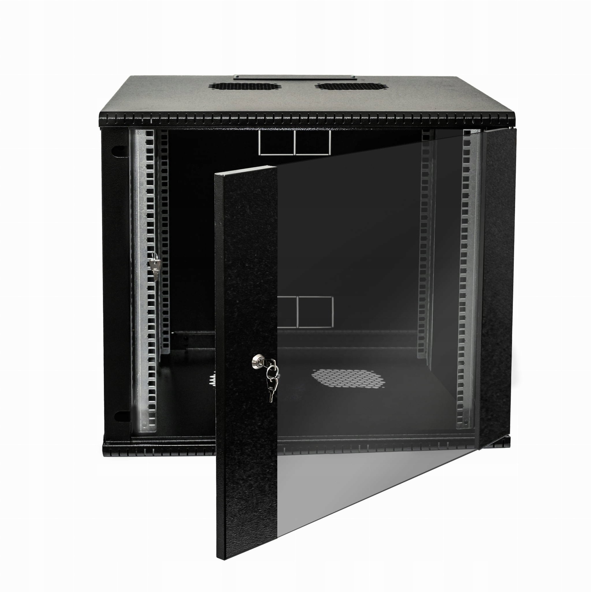 Szafa wisząca RACK 19 cali 9U/600mm drzwi przeszklone otwierane boki RAL 9005 BOCK-019-090-600-C