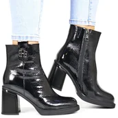 Botki damskie - Damskie Botki Skórzane Wężowe na Słupku Vinceza 66670 Czarne Lakierowane - VINCEZA - miniaturka - grafika 1