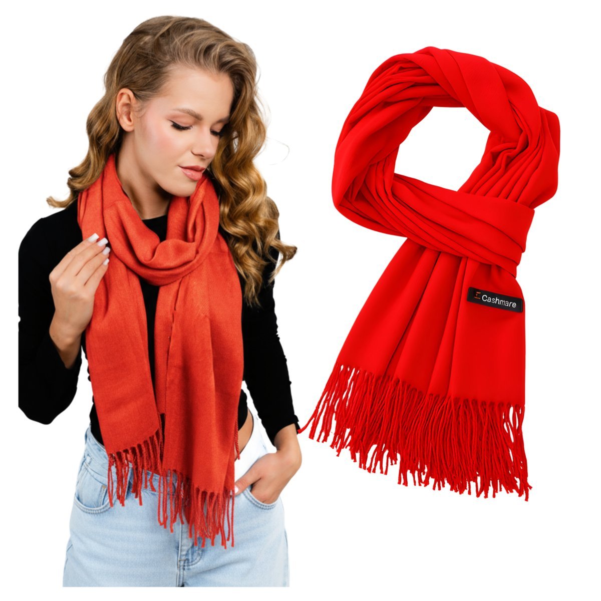 Ciepły Szalik Czerwony Duży Kaszmirowy Gładki Szal z Frędzlami Klasyczny