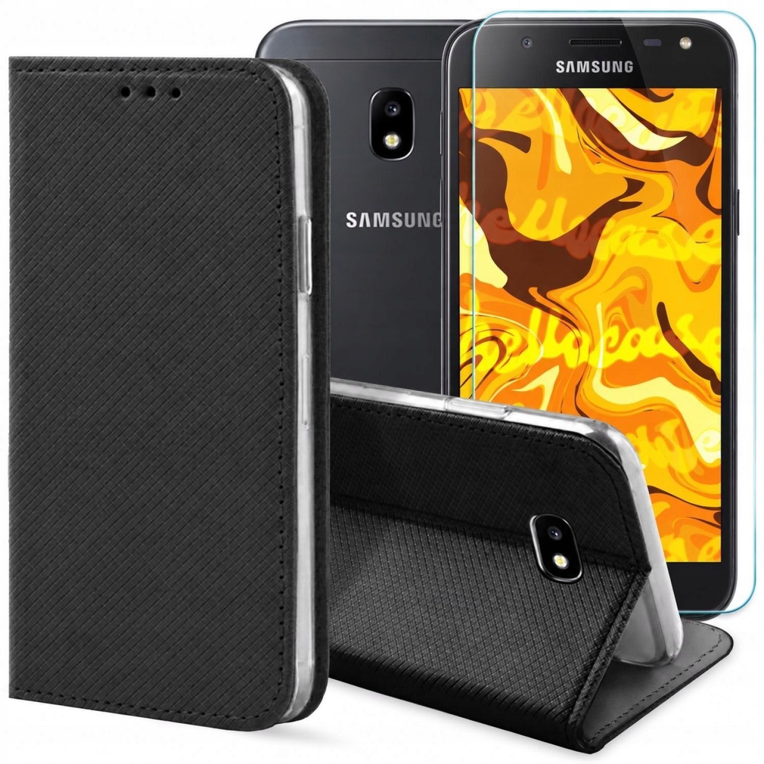 Hello Case Etui z Klapką Do Samsung Galaxy J3 2017 Czarne, Zamykane, Kabura Szkło BNDL0599