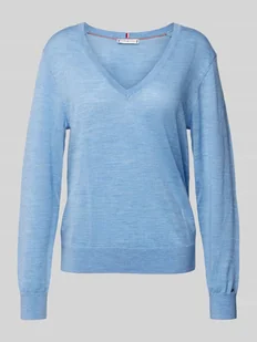 Sweter z dzianiny z wełny z dekoltem w serek - Swetry damskie - miniaturka - grafika 1