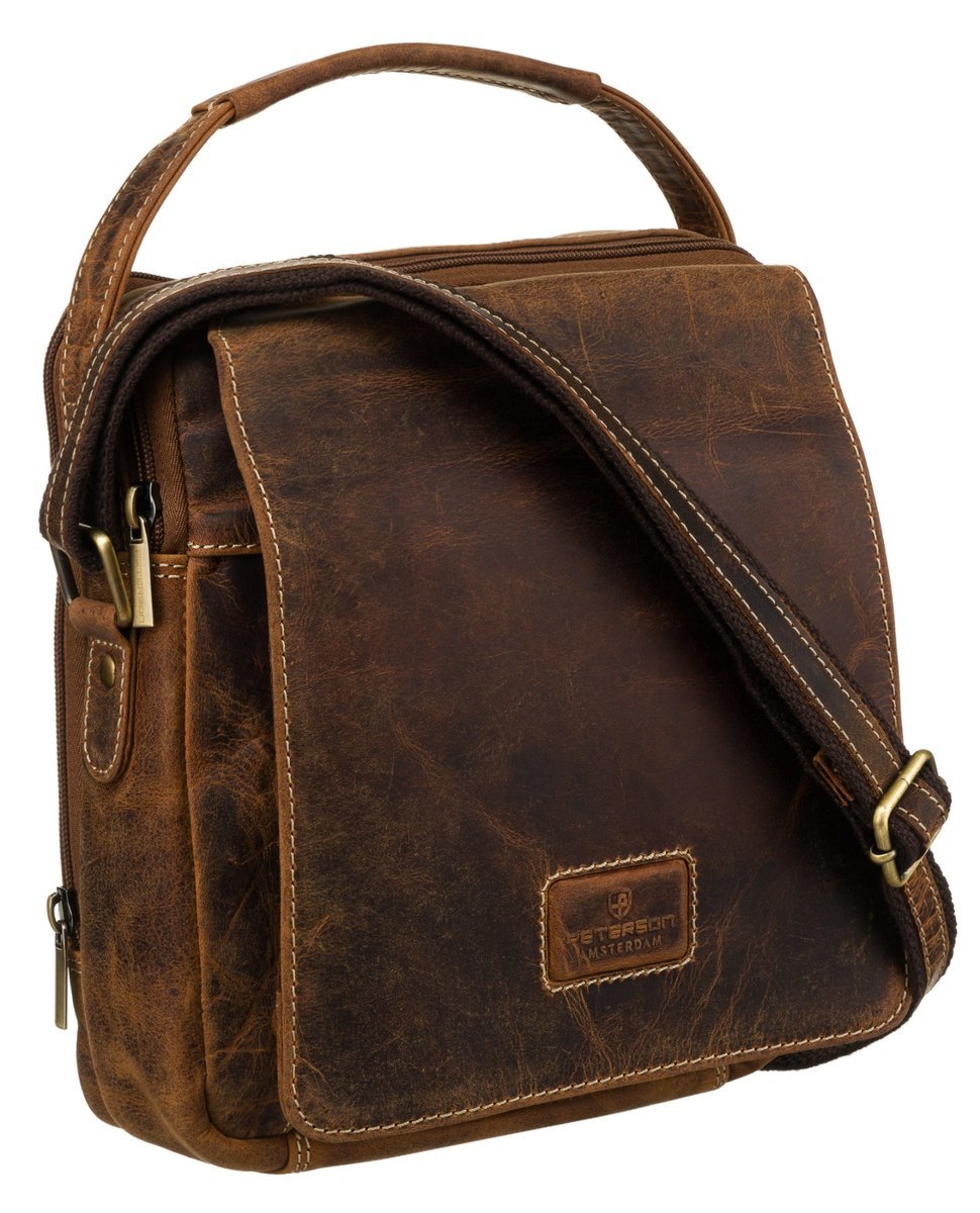 Torebka męska skórzana PETERSON mała na ramię listonoszka na suwak kieszonki na drobiazgi telefon długi pasek brązowa vintage