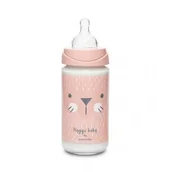 Butelki dla niemowląt - Suavinex Butelka szklana 240ml smoczek okrągły silikonowy 3 przepływowy Kotek różowy Hygge Baby - miniaturka - grafika 1