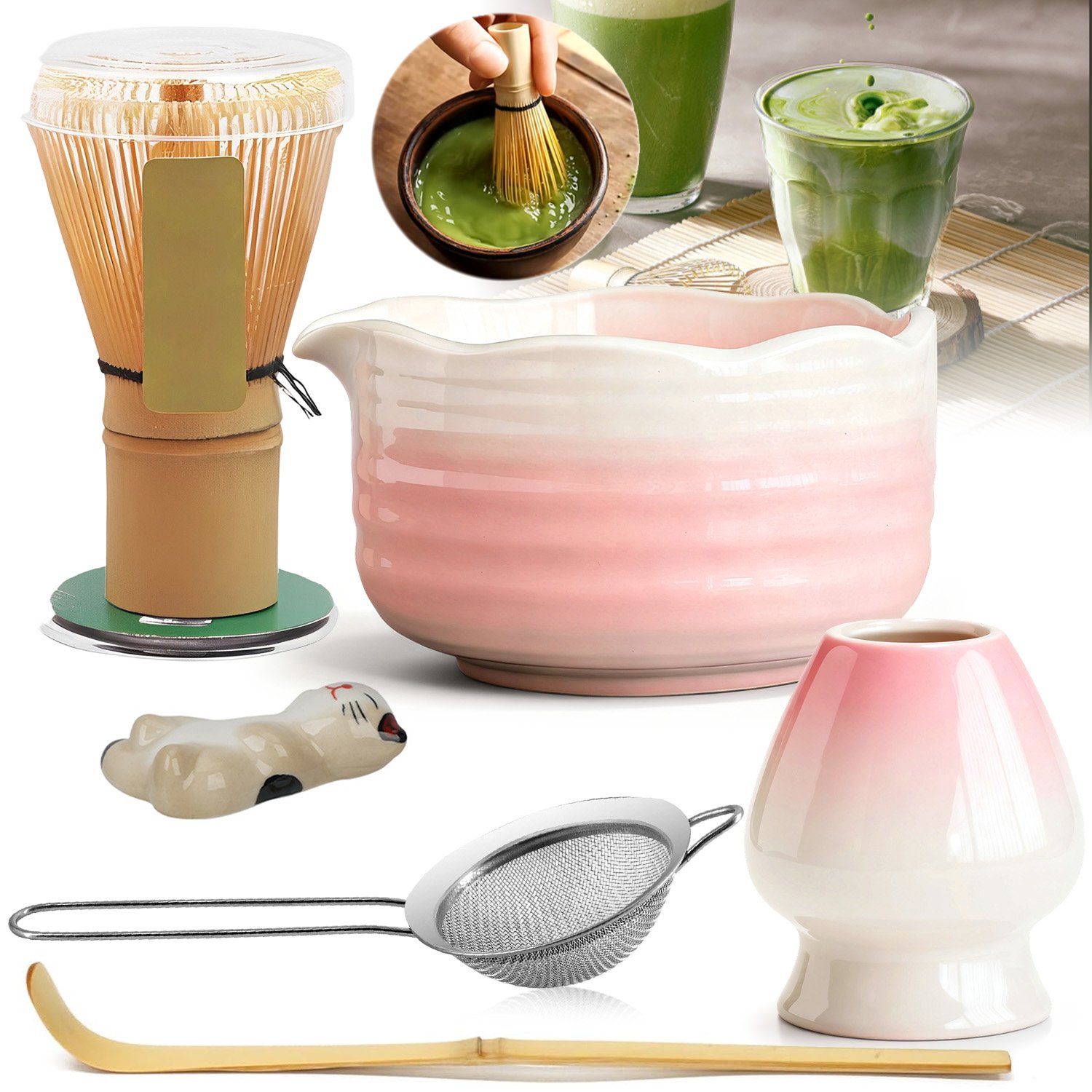 Zestaw Do Herbaty Matcha Miska Miotełka Sitko Łyżeczka Różowy 6 Szt