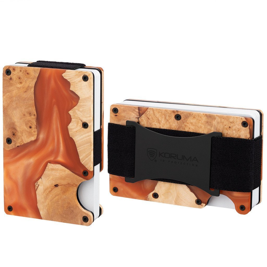 Aluminiowe etui z gumką na karty zbliżeniowe RFID drewno + pomarańczowa żywica Uniwersalny