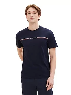 Koszulki męskie - T-shirt męski TOM TAILOR z nadrukiem w paski i logo, 10668-niebieski kapitan nieba, XL - grafika 1