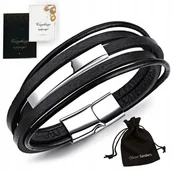 Bransolety męskie - Skórzana Bransoletka Męska Czarna Skóra Srebrna Grawer - miniaturka - grafika 1