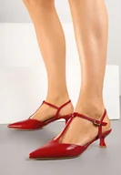 Czółenka - Czerwone Czółenka na Obcasie Typu Kaczuszka z Ozdobnymi Paskami Pellene - miniaturka - grafika 1