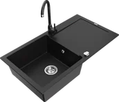 Zlewozmywaki z baterią - Mexen Leo zlewozmywak granitowy 1-komorowy z ociekaczem i baterią kuchenną Telma, czarny - 6501-77-670200-70 - miniaturka - grafika 1