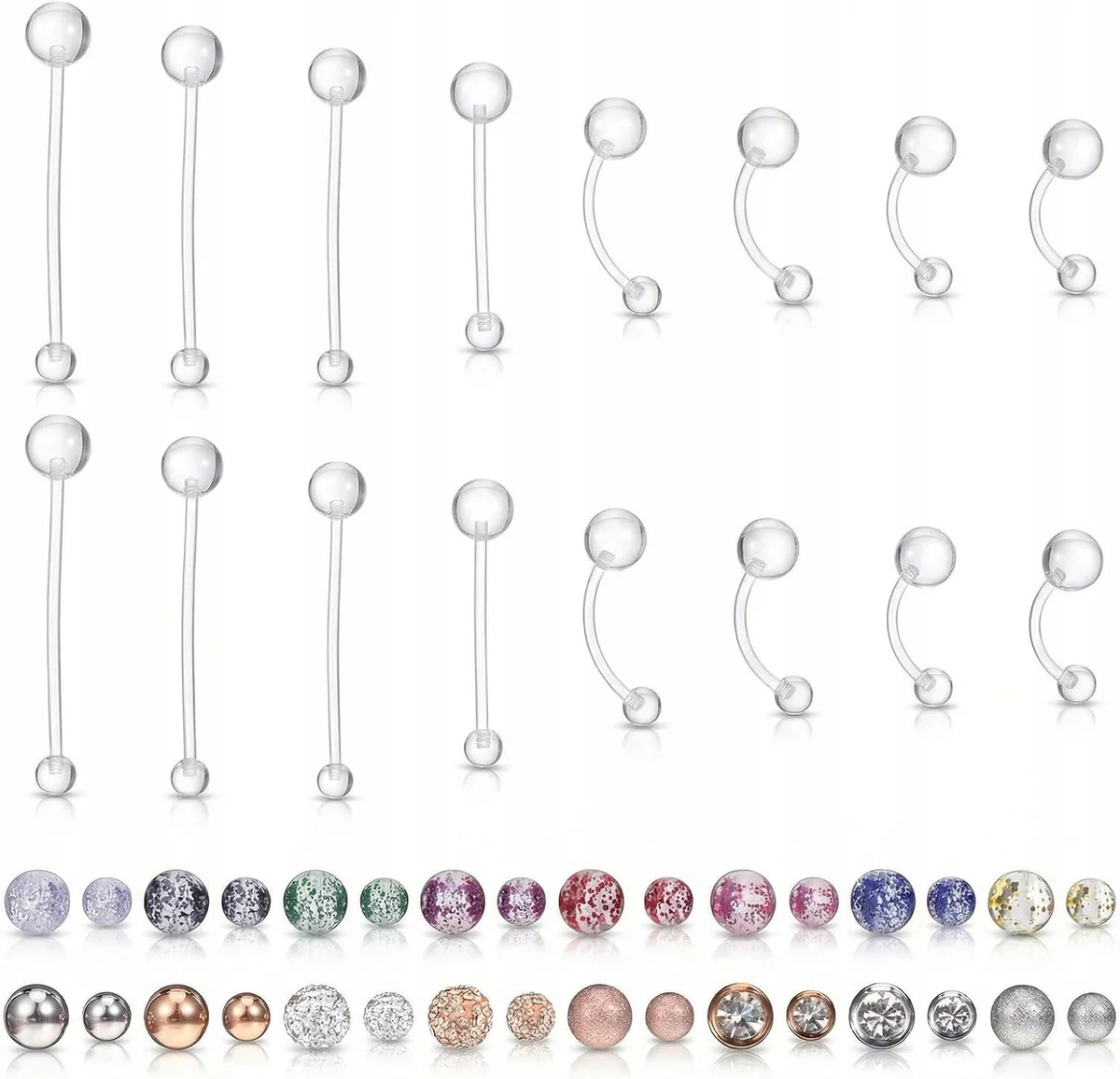 PIERCING 32 SZTUKI DŁUGIE KOLCZYKI DO PĘPKA AKRYL STAL