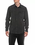 Koszule męskie - Replay Męska koszula dżinsowa z długim rękawem z bawełny, 097 Dark Grey, XL - miniaturka - grafika 1