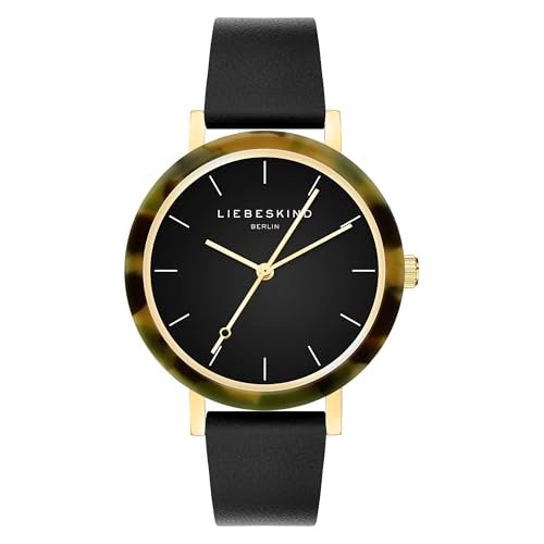 LIEBESKIND BERLIN damski zegarek na rękę – Rundes Gehäuse z gemustertem Acetat-Topring – Lederarmband – Schlichtes Ziffernblatt – Elegancki Quarzuhr - Czarny i Zielony
