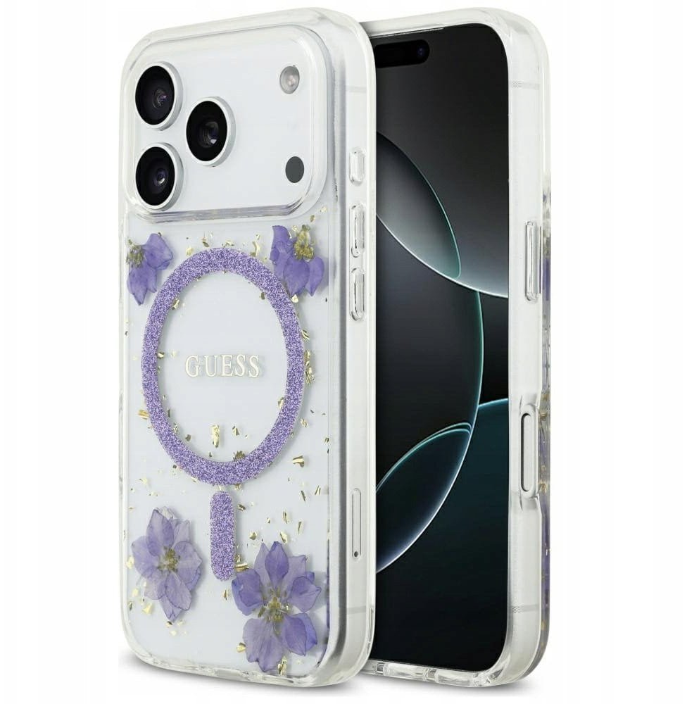 Etui Guess Resin Flowers Glitter MagSafe do iPhone 17 Pro fioletowy